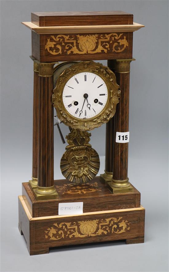 A rosewood inlaid portico clock height 47cm
